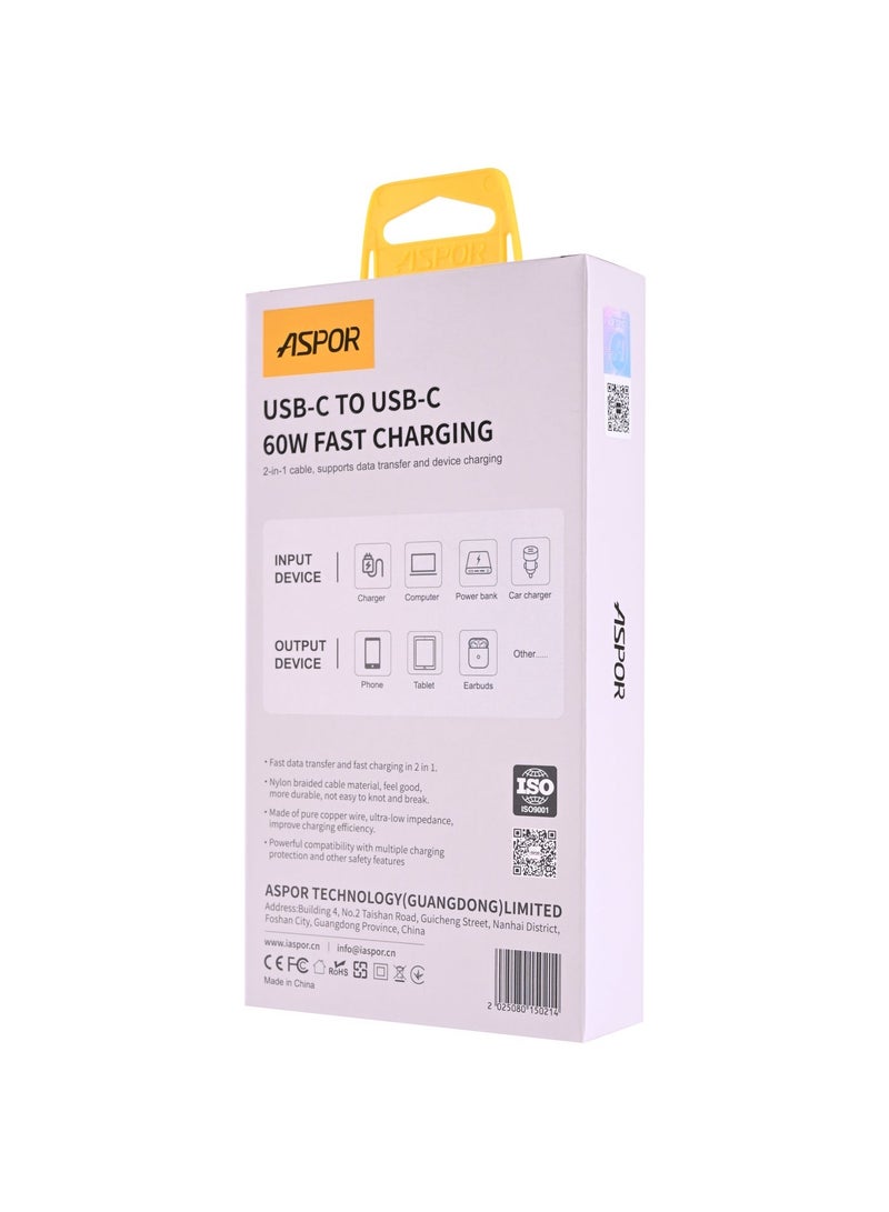 أسبور كيبل جوال ASPOR AC55 USB-C إلى USB-C بقوة 60 واط وطول 1 متر - Image 4